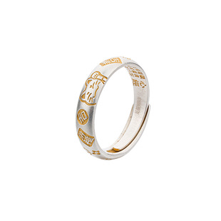 9999纯宫廷风描金招财猫吉言戒指女银开口指环吉祥纳福可调节对戒