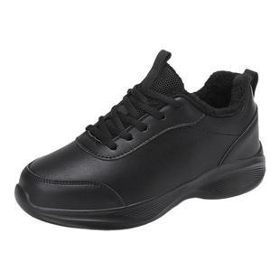 秋冬季加绒保暖女鞋皮面防水防滑工作鞋女黑色久站不累脚休闲鞋子