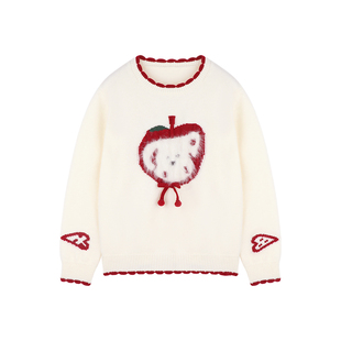 Amybaby女童上衣冬季2025新款氛围感新年苹果可爱小狗花边领毛衣