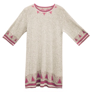 阁兰秀2025年春季新品五分袖米灰色颗粒感提花针织套头衫连衣裙女