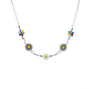 欧美反战笑脸太阳花珍珠拼接项链男女ins潮嘻哈小众雏菊链子配饰
