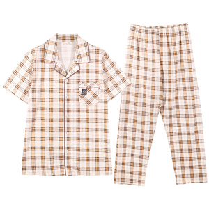 今之尚家男士夏季棉短袖长裤家居服休闲翻领格子高级感套装