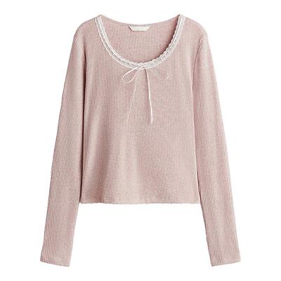 HM女装T恤冬季法式修身圆领蕾丝边长袖打底衫上衣1272126