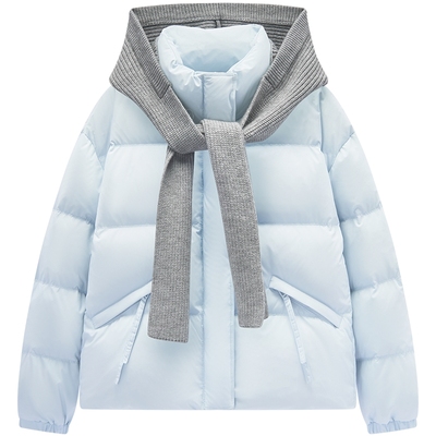 爱居兔浅蓝色短款羽绒服女2025年冬季新款可拆卸帽小个子保暖外套