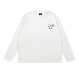 Makemore长袖t恤男春季新款口袋WORK刺绣纯棉白色宽松情侣上衣女