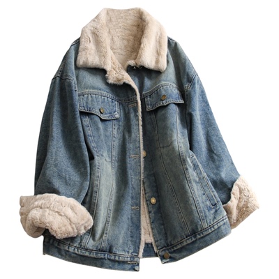 纯色宽松显瘦翻领保暖女牛仔外套