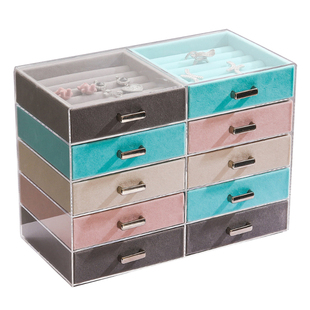 亚克力首饰盒耳钉耳环收纳盒绒布抽屉桌面多功能手镯戒指项链盒子