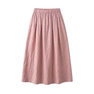 MMCC粉色不缩水亚麻 自然微皱樱花粉黑茶色花苞裙松紧腰开叉半裙