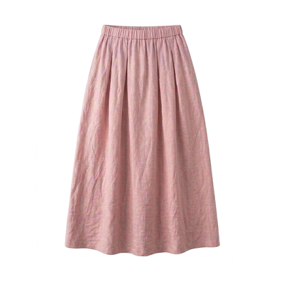 MMCC粉色不缩水亚麻 自然微皱樱花粉黑茶色花苞裙松紧腰开叉半裙