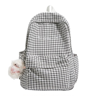 ins风书包女初中生韩版格纹大学生双肩包高中校园简约大容量背包