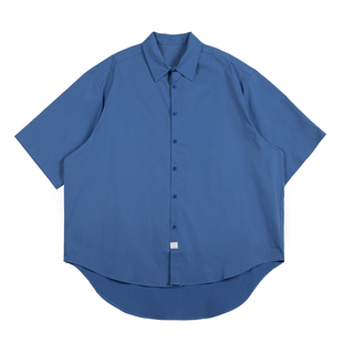 NOEARS日系复古cleanfit纯色衬衫夏季雾蓝色宽松廓形方领短袖衬衣