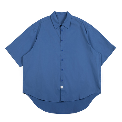 NOEARS日系复古cleanfit纯色衬衫夏季雾蓝色宽松廓形方领短袖衬衣