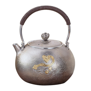 泡煮茶银壶纯银999烧水壶手工一张打复古镀提梁金容天壶 柿柿如意
