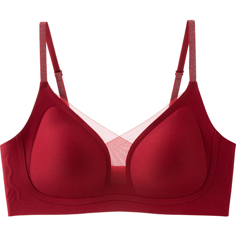 红色本命年内衣内裤套装大胸显小无痕提拉聚拢防下垂结婚新娘文胸