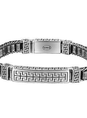 s925纯银民族风回纹男国潮桶珠