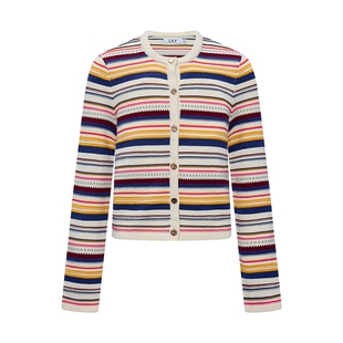 LILY2026春新款纯棉撞色彩色条纹休闲圆领正肩长袖针织开衫外套女