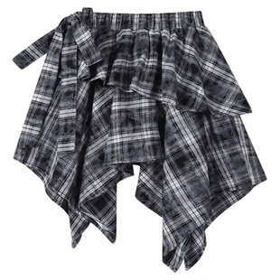 VQ复古做旧不规则格子半身裙女夏2025新款黑色扎染绑带辣妹短裙女