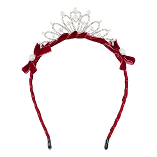 2026新年红色儿童皇冠发箍女童公主珍珠头箍小女孩超仙不勒头发饰
