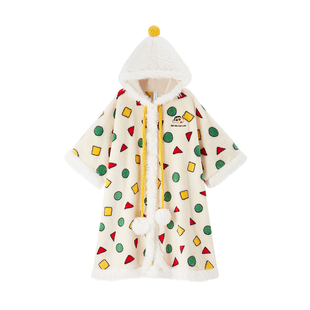 蜡笔小新睡衣斗篷式睡袍女冬季珊瑚绒加厚连帽可外穿披肩浴袍披风