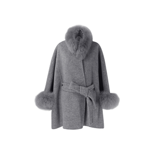 【不系舟】SYT自制 法式名媛风狐狸毛领袖子双面羊毛大衣绑带外套