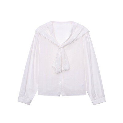 早秋天丝亚麻蕾丝边海军领衬衫