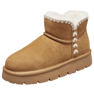 意尔康真皮厚底雪地靴女2025冬季新款加绒加厚东北短靴小个子棉鞋