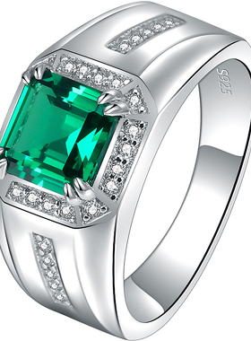 祖母绿切工绿尖晶925纯银镀金男士戒指时尚个性钻戒18K金质感刻字