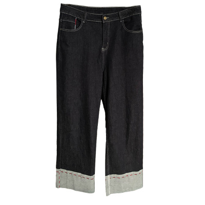 喵喵大码春夏卷边直筒阔腿牛仔裤