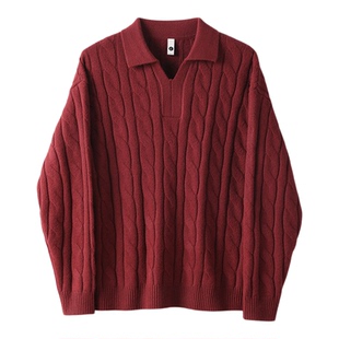 LUUD 雅绅新年红色海鸥领麻花肌理针织POLO衫男士慵懒风翻领毛衣