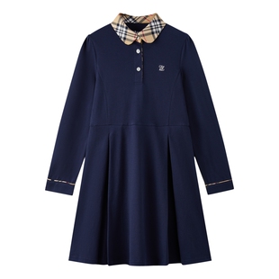 eland kids衣恋童装女童连衣裙春秋季学院风格子polo领长袖裙子