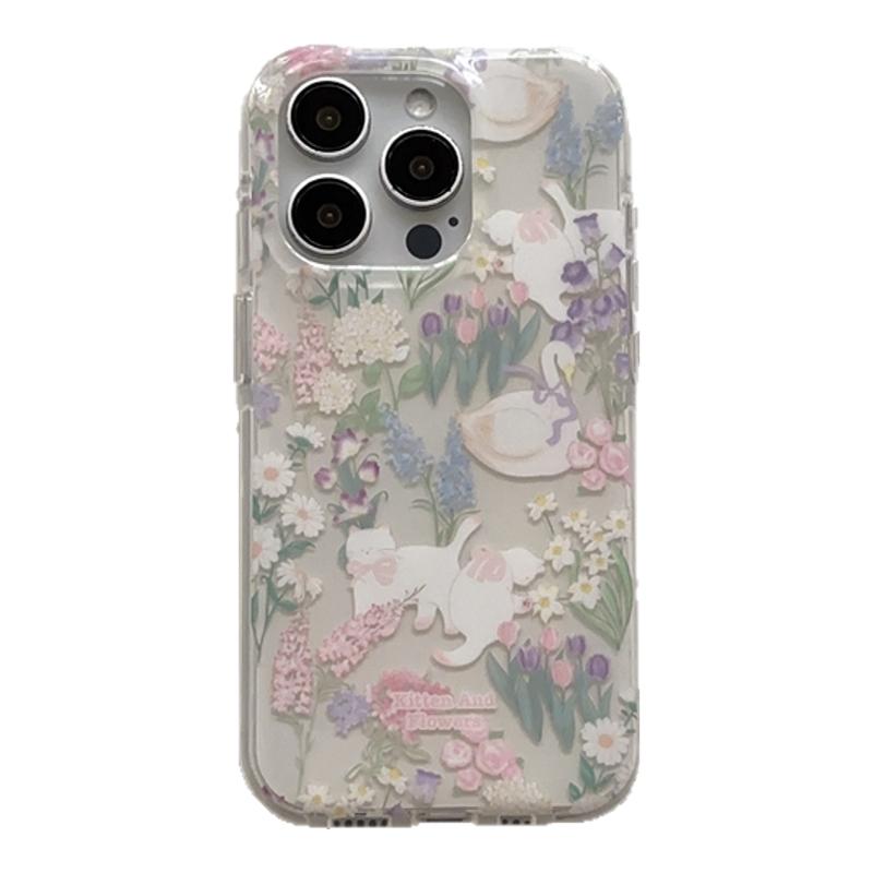 盐白茶ins春夏温柔花簇优雅天鹅猫咪适用苹果18ProMax手机壳iPhone17小众16新15高级感14ProMax保