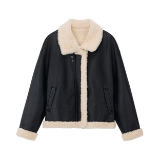 PRE PREWORKS100%羊羔毛肌理感皮毛一体棉衣 立领肩机车皮衣外套