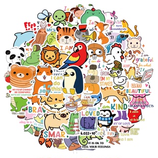 50张新款卡通可爱动物英文早教趣味教师贴纸儿童奖励双关语激励混合动植物防水益智玩具学习相框头盔DIY防水