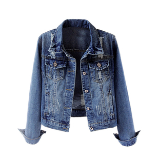 2025春秋季新款韩版修身破洞长袖牛仔外套女短款百搭学生上衣大码