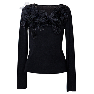 罗衣修身绵羊毛针织衫内搭女2025秋季新款立体花朵软糯毛衣12959