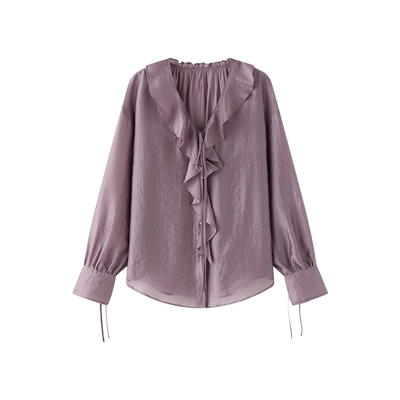 轻盈莱赛尔微皱荷叶边V领衬衫