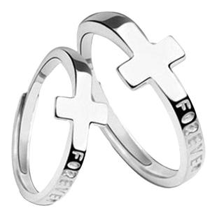 s925纯银十字架男女生戒指情侣一对个性简约对戒子送礼物守护银饰