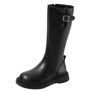 红蜻蜓女童靴子儿童长筒靴秋冬黑色2025新款女孩宝宝高筒加绒大童