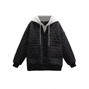 胖mm大码女装灰色假两件棉服女秋冬新款学生休闲百搭保暖棉衣外套