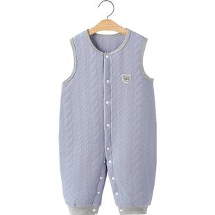 新生婴儿连体衣服早春秋装夹棉保暖无袖哈衣男宝宝背带裤冬款外穿