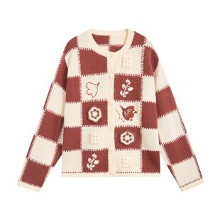 紫涵圆领撞色方格针织开衫女冬季新款重工手钩花设计感毛衣短外套