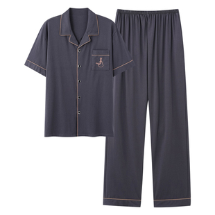 夏季大码睡衣男士纯棉薄款短袖长裤开衫翻领中年爸爸男款全棉套装