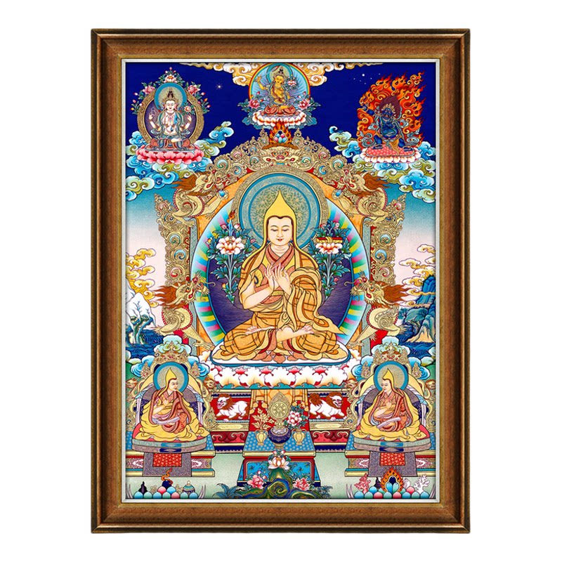 宗喀巴大师唐卡佛堂供奉格鲁巴背景墙定制家居装饰挂画超高清唐卡