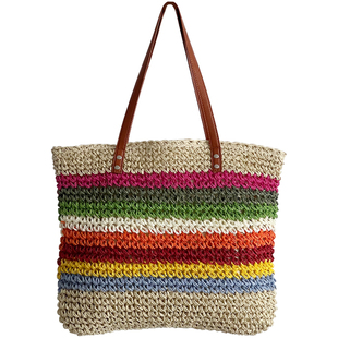 新款ins彩虹撞色条纹手工编织草编包森系休闲百搭海边度假单肩包