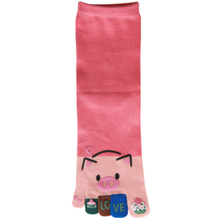 可爱萌猪纯棉五指袜秋冬女中高筒大红袜分脚趾全棉防臭吸汗棉袜子