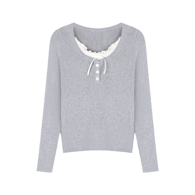 韩系假两件撞色木耳边针织衫打底毛衣女秋冬大码胖MM显瘦内搭上衣