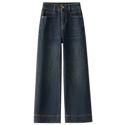 冷茶色加绒阔腿牛仔裤女秋冬新款