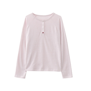 JIUJIU休闲肌理感亮色扣亨利领T恤女长袖春设计感宽松休闲打底衫