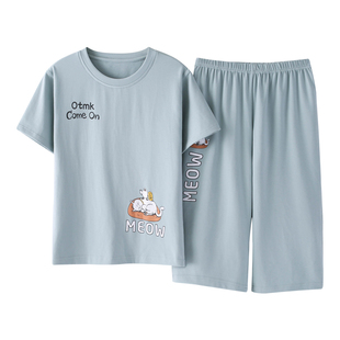 睡衣女夏季纯棉短袖七分裤韩版女卡通可爱宽松中裤甜美家居服套装