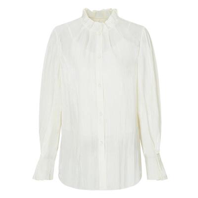 IDPAN长袖花边衬衫春季新款木耳边立领设计白色气质时尚百搭上衣